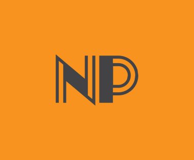 Canlı turuncu arkaplan üzerinde geometrik elementlerle kalın siyah harf 'NP', markalaşma, tasarım veya modern yaratıcı projeler için ideal.