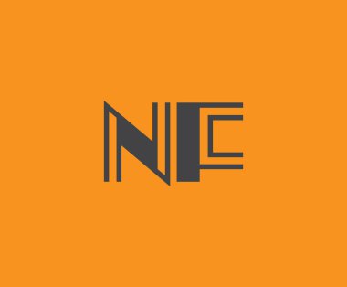 Canlı turuncu arkaplan üzerinde geometrik elementlere sahip kalın siyah harf 'NF', markalaşma, tasarım veya modern yaratıcı projeler için ideal.