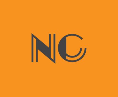 Canlı turuncu arkaplan üzerinde geometrik elementlere sahip kalın siyah harf 'NC', markalaşma, tasarım veya modern yaratıcı projeler için ideal.