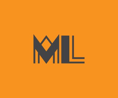 Canlı turuncu arkaplan üzerinde geometrik elementlerle kalın siyah harf 'ML', markalaşma, tasarım veya modern yaratıcı projeler için ideal.