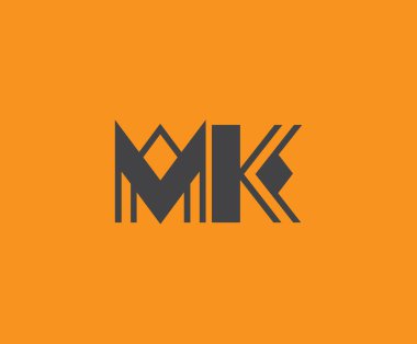 Canlı turuncu arkaplan üzerinde geometrik elementlere sahip kalın siyah harf 'MK', markalaşma, tasarım veya modern yaratıcı projeler için ideal.