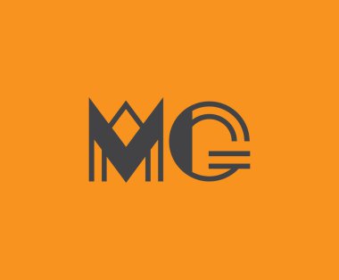 Canlı turuncu arkaplanda geometrik elementlere sahip kalın siyah harf 'MG', markalaşma, tasarım veya modern yaratıcı projeler için ideal.