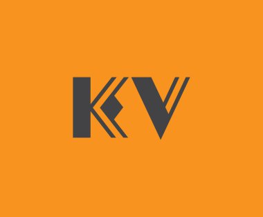 Canlı turuncu arkaplan üzerinde geometrik elementlere sahip kalın siyah harf KV, markalaşma, tasarım veya modern yaratıcı projeler için idealdir.