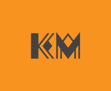 Canlı turuncu arkaplan üzerinde geometrik elementlerle kalın siyah harf 'KM', markalaşma, tasarım veya modern yaratıcı projeler için ideal.