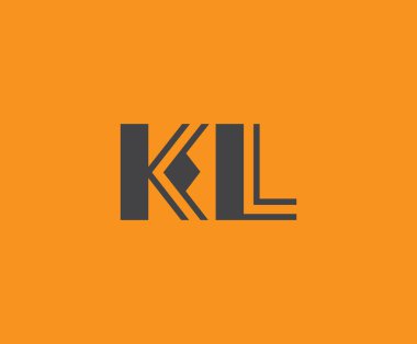 Canlı turuncu arkaplanda geometrik elementlere sahip kalın siyah harf 'KL', markalaşma, tasarım veya modern yaratıcı projeler için ideal.