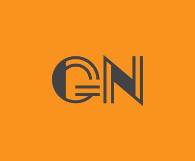 Canlı turuncu arkaplanda geometrik elementlere sahip kalın siyah harf 'GN', markalaşma, tasarım veya modern yaratıcı projeler için ideal.