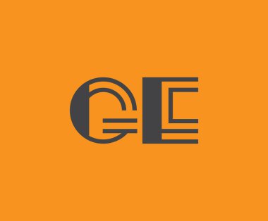 Canlı turuncu arkaplan üzerinde geometrik elementlerle kalın siyah harf 'GE', markalaşma, tasarım veya modern yaratıcı projeler için ideal.