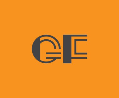 Canlı turuncu arkaplan üzerinde geometrik elementlere sahip kalın siyah harf 'GF', markalaşma, tasarım veya modern yaratıcı projeler için ideal.