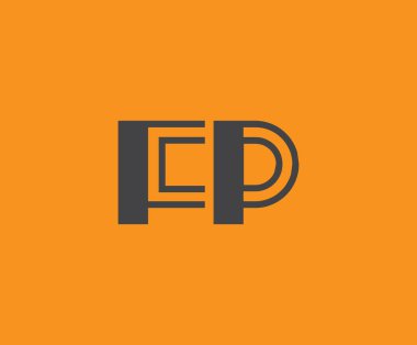 Canlı turuncu arkaplan üzerinde geometrik elementlerle kalın siyah harf 'FP', markalaşma, tasarım veya modern yaratıcı projeler için ideal.