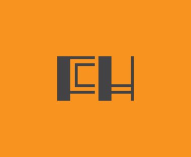 Canlı turuncu arkaplan üzerinde geometrik elementlere sahip kalın siyah harf 'FH', markalaşma, tasarım veya modern yaratıcı projeler için ideal.