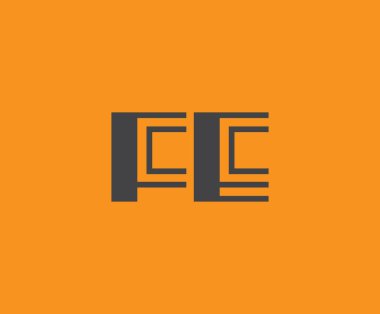 Canlı turuncu arkaplan üzerinde geometrik elementlerle kalın siyah harf 'FE', markalaşma, tasarım veya modern yaratıcı projeler için ideal.