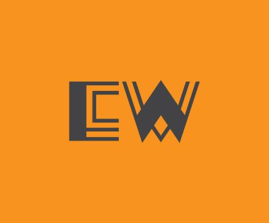 Canlı turuncu arkaplan üzerinde geometrik elementlerle kalın siyah harfli 'EW', markalaşma, tasarım veya modern yaratıcı projeler için ideal.