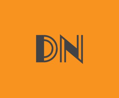 Canlı turuncu arkaplan üzerinde geometrik elementlerle kalın siyah harf 'DN', markalaşma, tasarım veya modern yaratıcı projeler için ideal.