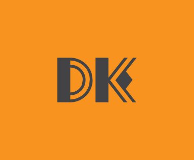 Canlı turuncu arkaplan üzerinde geometrik elementlere sahip kalın siyah harf 'DK', markalaşma, tasarım veya modern yaratıcı projeler için ideal.