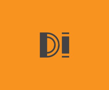 Canlı turuncu arka planda geometrik elementlere sahip kalın siyah harfli 'DI', markalaşma, tasarım veya modern yaratıcı projeler için ideal.
