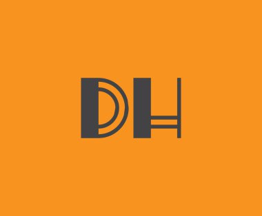 Canlı turuncu arkaplan üzerinde geometrik elementlerle kalın siyah harf 'DH', markalaşma, tasarım veya modern yaratıcı projeler için ideal.