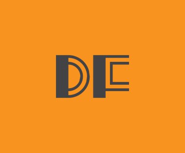 Canlı turuncu arkaplan üzerinde geometrik elementlere sahip kalın siyah harf 'DF', markalaşma, tasarım veya modern yaratıcı projeler için ideal.