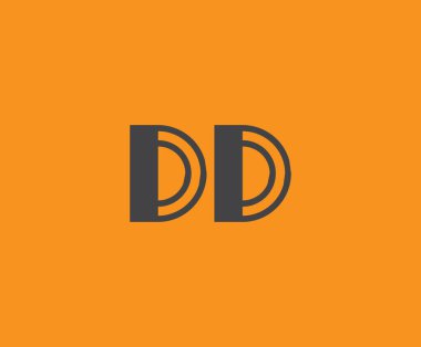 Canlı turuncu arkaplan üzerinde geometrik elementlerle kalın siyah harf 'DD', markalaşma, tasarım veya modern yaratıcı projeler için ideal.