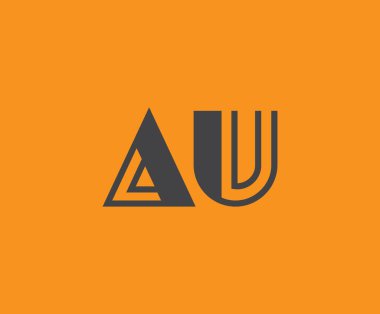 Canlı turuncu arkaplanda geometrik elementlere sahip kalın siyah harf 'AU', markalaşma, tasarım veya modern yaratıcı projeler için ideal.