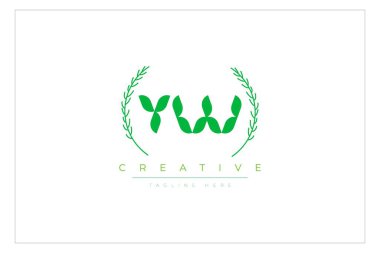 YW Yeşil Minimalist Logo Tasarımı Doğal Yapraklar ve Metin Elementleri. Taze doğa ve sağlıklı yaprak logosu tasarımı.