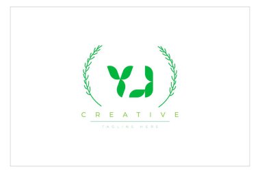 YJ Green Minimalist Logo Tasarımı Doğal Yapraklar ve Metin Elementleri. Taze doğa ve sağlıklı yaprak logosu tasarımı.
