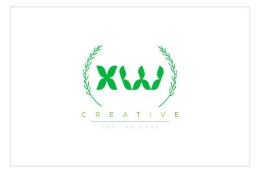 XW Yeşil Minimalist Logo Tasarımı Doğal Yapraklar ve Metin Elementleri. Taze doğa ve sağlıklı yaprak logosu tasarımı.