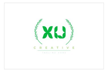 XU Yeşil Minimalist Logo Tasarımı Doğal Yapraklar ve Metin Elementleri. Taze doğa ve sağlıklı yaprak logosu tasarımı.
