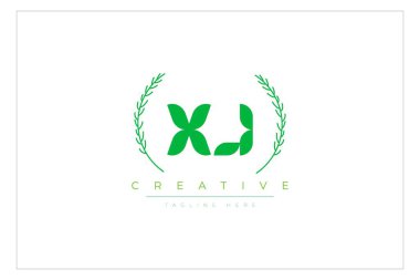 XJ Green Minimalist Logo Tasarımı Doğal Yapraklar ve Metin Elementleri. Taze doğa ve sağlıklı yaprak logosu tasarımı.