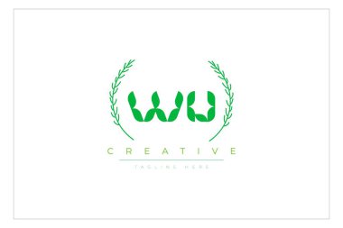 WU Yeşil Minimalist Logo Tasarımı Doğal Yapraklar ve Metin Elementleri. Taze doğa ve sağlıklı yaprak logosu tasarımı.