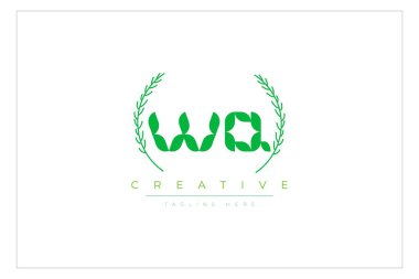 WQ Green Minimalist Logo Tasarımı Doğal Yapraklar ve Metin Elementleri. Taze doğa ve sağlıklı yaprak logosu tasarımı.