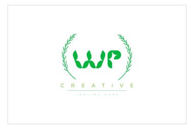 WP Green Minimalist Logo Tasarımı Doğal Yapraklar ve Metin Elementleri. Taze doğa ve sağlıklı yaprak logosu tasarımı.