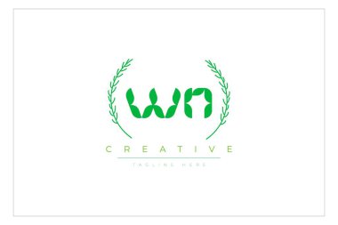 WN Green Minimalist Logo Tasarımı Doğal Yapraklar ve Metin Elementleri. Taze doğa ve sağlıklı yaprak logosu tasarımı.