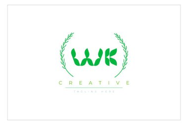 WK Yeşil Minimalist Logo Tasarımı Doğal Yapraklar ve Metin Elementleri. Taze doğa ve sağlıklı yaprak logosu tasarımı.
