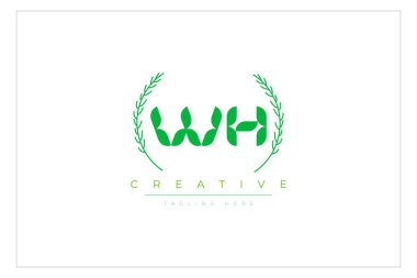 WH Green Minimalist Logo Tasarımı Doğal Yapraklar ve Metin Elementleri. Taze doğa ve sağlıklı yaprak logosu tasarımı.