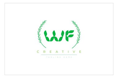 WF Yeşil Minimalist Logo Tasarımı Doğal Yapraklar ve Metin Elementleri. Taze doğa ve sağlıklı yaprak logosu tasarımı.