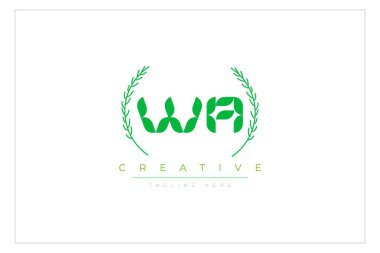 WA Yeşil Minimalist Logo Tasarımı Doğal Yapraklar ve Metin Elementleri. Taze doğa ve sağlıklı yaprak logosu tasarımı.