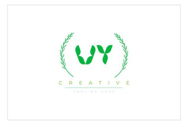 VY Yeşil Minimalist Logo Tasarımı Doğal Yapraklar ve Metin Elementleri. Taze doğa ve sağlıklı yaprak logosu tasarımı.