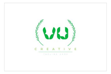 VU Yeşil Minimalist Logo Tasarımı Doğal Yapraklar ve Metin Elementleri. Taze doğa ve sağlıklı yaprak logosu tasarımı.