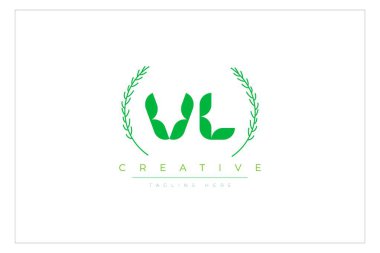 VL Yeşil Minimalist Logo Tasarımı Doğal Yapraklar ve Metin Elementleri. Taze doğa ve sağlıklı yaprak logosu tasarımı.