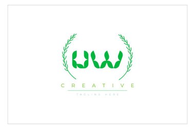 UW Yeşil Minimalist Logo Tasarımı Doğal Yapraklar ve Metin Elementleri. Taze doğa ve sağlıklı yaprak logosu tasarımı.