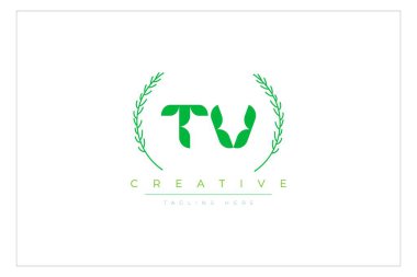 Doğal Yapraklar ve Metin Elementleri içeren TV Yeşil Minimalist Logo Tasarımı. Taze doğa ve sağlıklı yaprak logosu tasarımı.