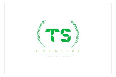 TS Green Minimalist Logo Tasarımı Doğal Yapraklar ve Metin Elementleri. Taze doğa ve sağlıklı yaprak logosu tasarımı.