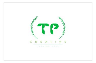 TP Yeşil Minimalist Logo Tasarımı Doğal Yapraklar ve Metin Elementleri. Taze doğa ve sağlıklı yaprak logosu tasarımı.