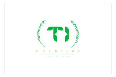 TI Green Minimalist Logo Tasarımı Doğal Yapraklar ve Metin Elementleri. Taze doğa ve sağlıklı yaprak logosu tasarımı.