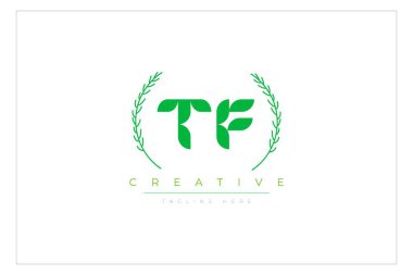 TF Yeşil Minimalist Logo Tasarımı Doğal Yapraklar ve Metin Elementleri. Taze doğa ve sağlıklı yaprak logosu tasarımı.