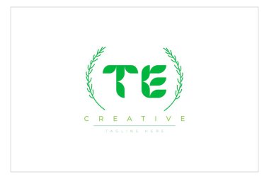 TE Green Minimalist Logo Tasarımı Doğal Yapraklar ve Metin Elementleri. Taze doğa ve sağlıklı yaprak logosu tasarımı.