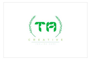 TA Green Minimalist Logo Tasarımı Doğal Yapraklar ve Metin Elementleri. Taze doğa ve sağlıklı yaprak logosu tasarımı.