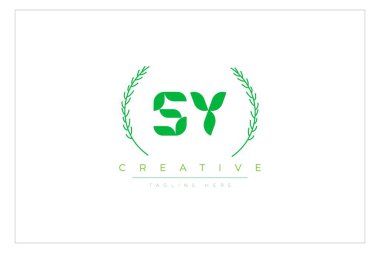 SY Yeşil Minimalist Logo Tasarımı Doğal Yapraklar ve Metin Elementleri. Taze doğa ve sağlıklı yaprak logosu tasarımı.