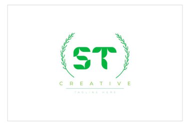ST Green Minimalist Logo Tasarımı Doğal Yapraklar ve Metin Elementleri. Taze doğa ve sağlıklı yaprak logosu tasarımı.