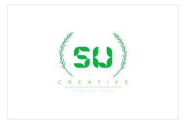 SU Yeşil Minimalist Logo Tasarımı Doğal Yapraklar ve Metin Elementleri. Taze doğa ve sağlıklı yaprak logosu tasarımı.